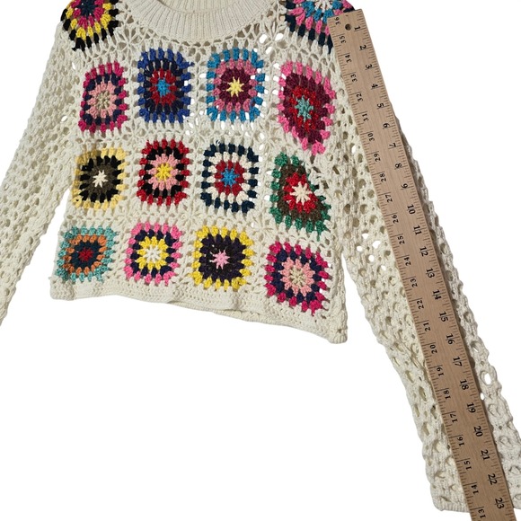 Debut Cream Crochet Granny Square Sweater Long Sleeve Women's Size S - Picture 8 of 9